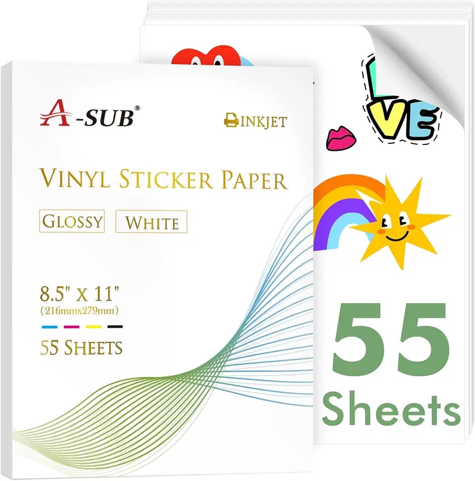 A-SUB Vinyl Sticker Paper for Inkjet Printer, Glossy Waterproof, 55 Sheets