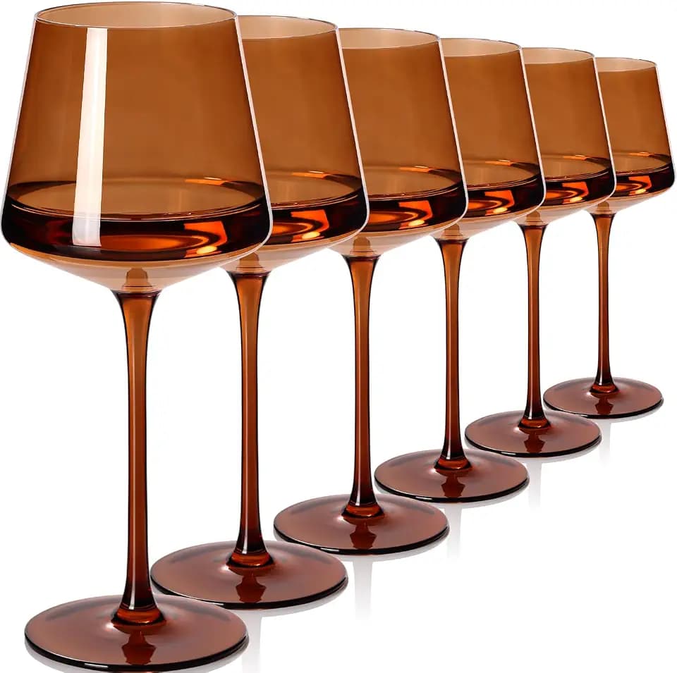Brown Wine Glasses Set of 6,18oz Dark Amber Wine Glassware Gift Set for Party Brown Hand Blown Glass Drinkware for Red White Wine gifts set for wine lovers