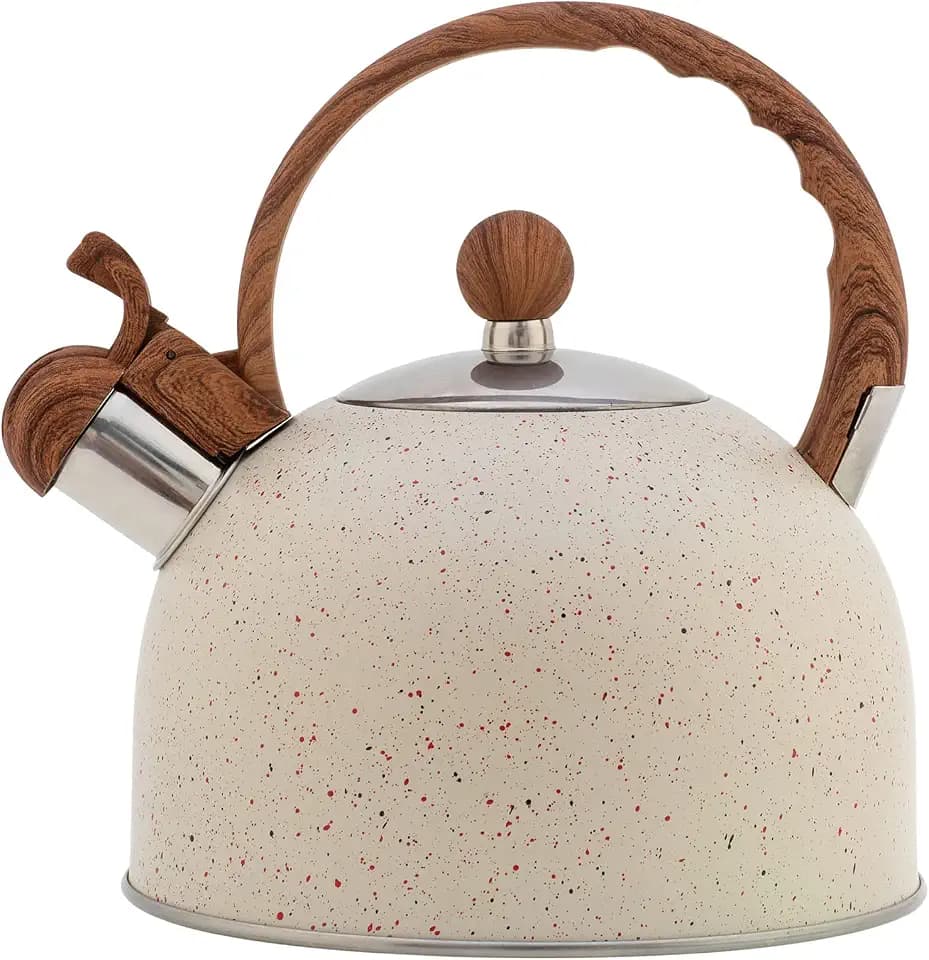 Wasserkessel Induktion, Edelstahl Teekessel mit Holzmasergriff, Max 2,2L Moderne Wasserkocher für alle Herdarten, Flötenkessel mit Pfeifton für Tee, Kaffee, Galaxie Weiß