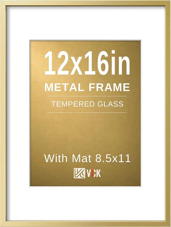 VCK 12x16 Frame Gold Metal, Real Glass, 8.5x11 Mat, for Picture