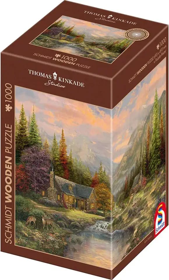 Schmidt Spiele 59799 Bergkulisse mit Bach, Thomas Kinkade, 1000 Teile Holzpuzzle