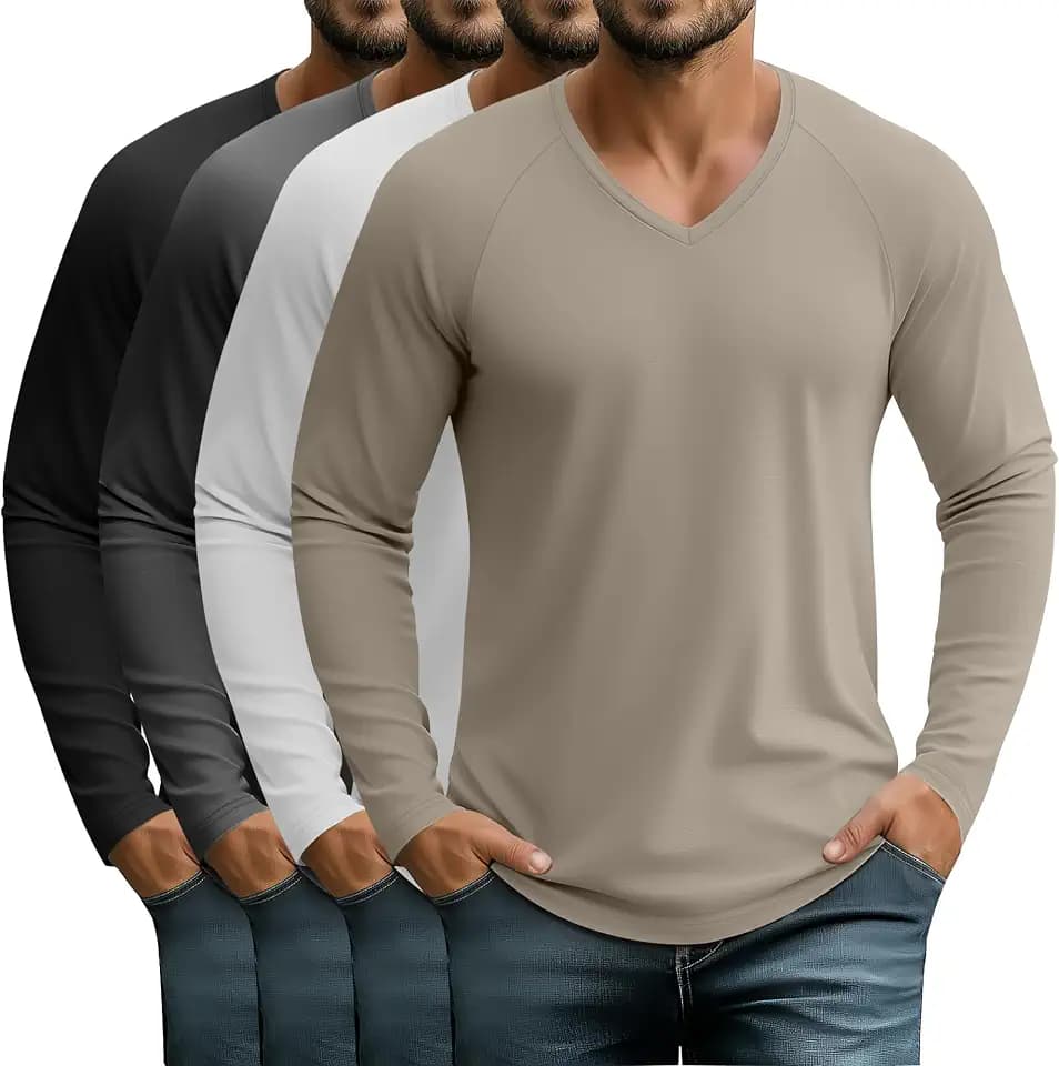4 Pack Mens V Neck Shirts Long Sleeve Lightweight Tee