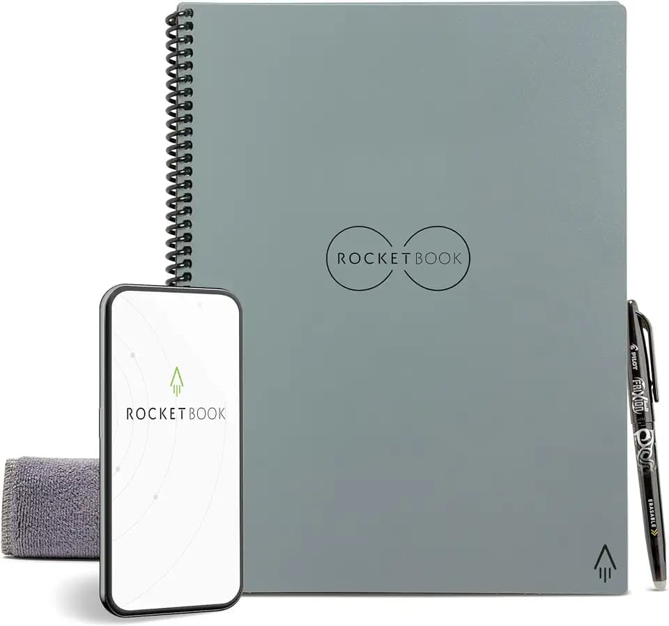 Rocketbook Core Reusable Spiral Notebook, Letter Size 8.5x11, Gray - Dotted Pages, App-Connected, Erasable, Durable Cover, Ideal for School, Work, and Creative Projects