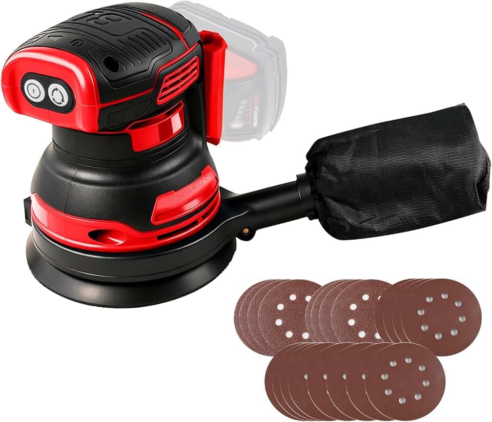Akku-Exzenterschleifer kompatibel mit Milwaukee M18 18V Akku, 125mm Schleifteller, 11000 U/min Bürstenloser Motor Elektrischer Exzenterschleifer, 3 Leistungsstufe mit 20 Schleifpapieren