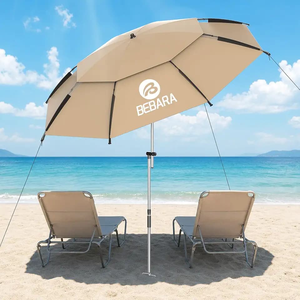 7FT Beach Umbrella with Heavy Duty Sand Anchor, Height Adjustable -Tan