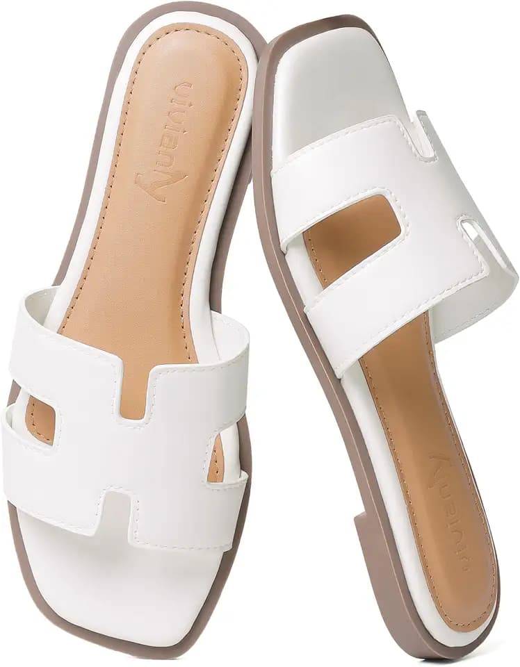 vivianly Women's Square Open Toe Flat Sandals Comfortable Slip On Slides Casual Dressy Summer Shoes