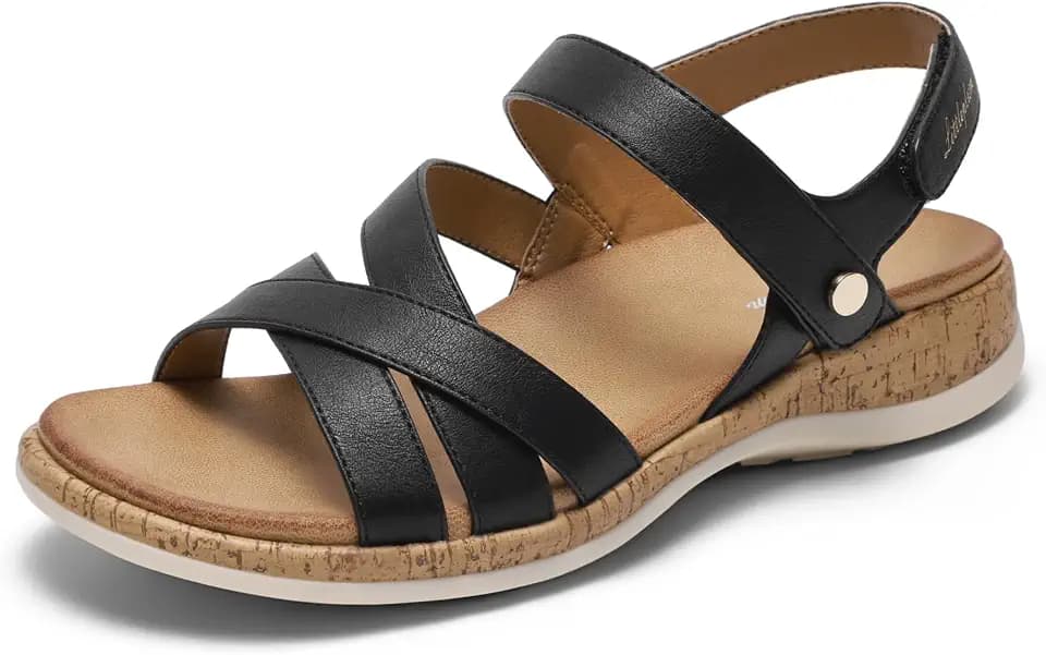 Littleplum Orthopedic Sandals for Women Arch Support - Comfortable Flat Sandals, Dressy Orthotic Summer Shoes for Walking Work Beach with Adjustable Strap, Black Size 7.5