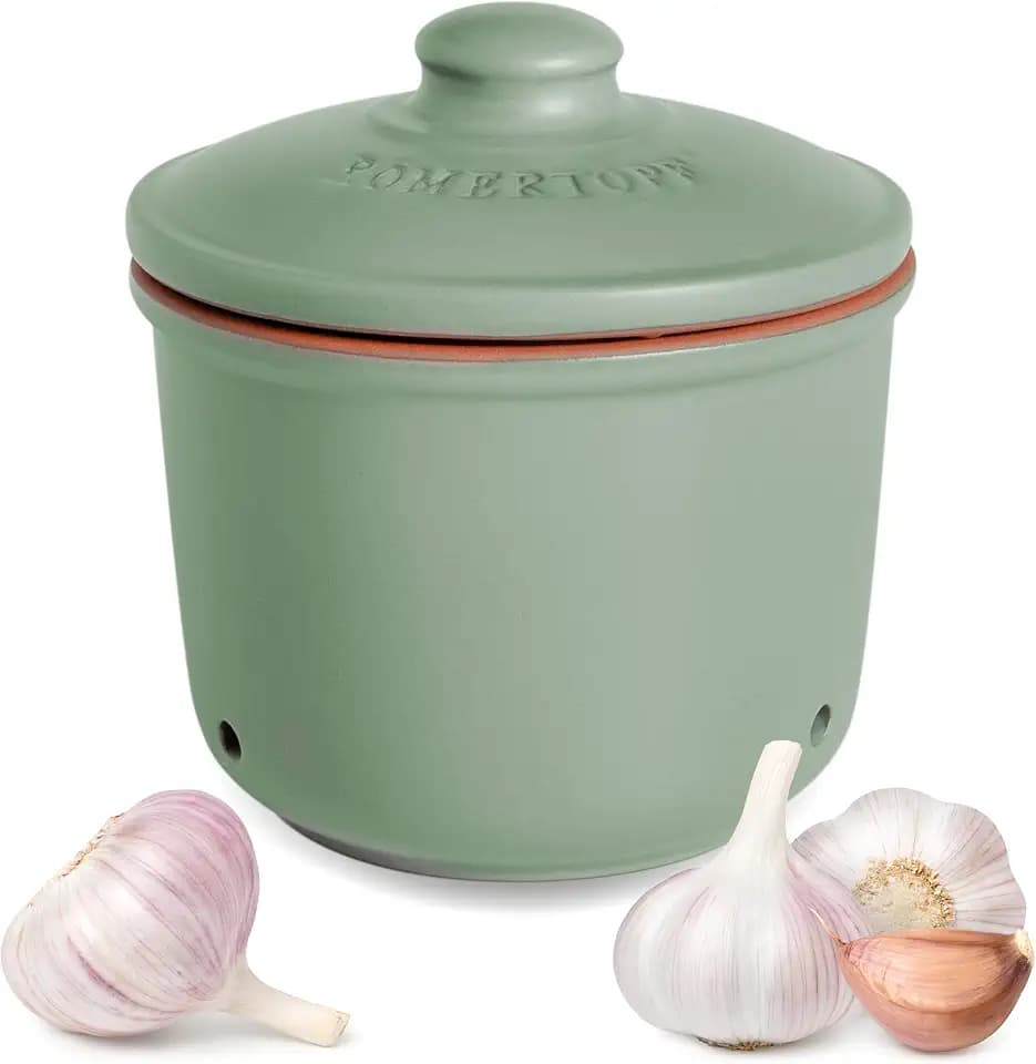 Romertopf Knoblauchtopf MINI Keramik, Grün, Ø 12,5 x 13 cm, ca. 200 g, belüfteter Vorratstopf mit 3 Lüftungslöchern, innen und außen glasiert, spülmaschinengeeignet