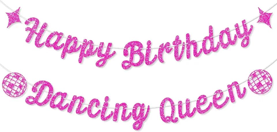 Hot Pink Happy Birthday Dancing Queen Banner, Dancing Queen Party Decorations Banner for Women and Girls Disco Birthday and Mamma Mia Party Decorations, No DIY.