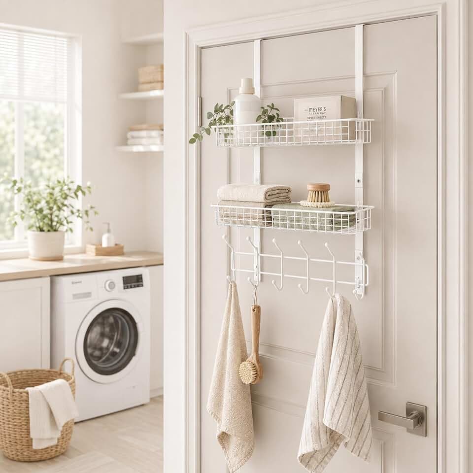 OYEAL Türaufhänger mit 2 Netzkörben, 5 Haken, abnehmbarer Aufbewahrungs-Organizer für Mäntel, Hüte, Handtaschen, Handtücher, einfach zu installieren, Metallhakenregal, Weiß
