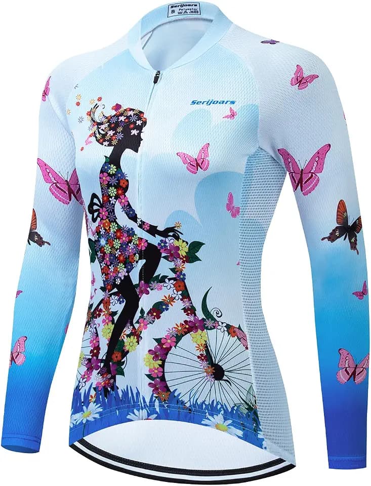 Women's Long Sleeve Cycling Jersey, Quick Dry Bike Top with Reflective Strip, Zipper and Pockets