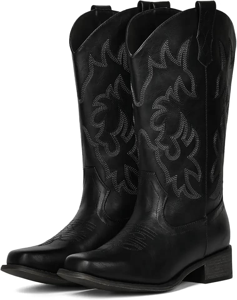 IUV Cowboy Boots For Women Square Toe Wide Suede Western Mid Calf Cowgirl Boot