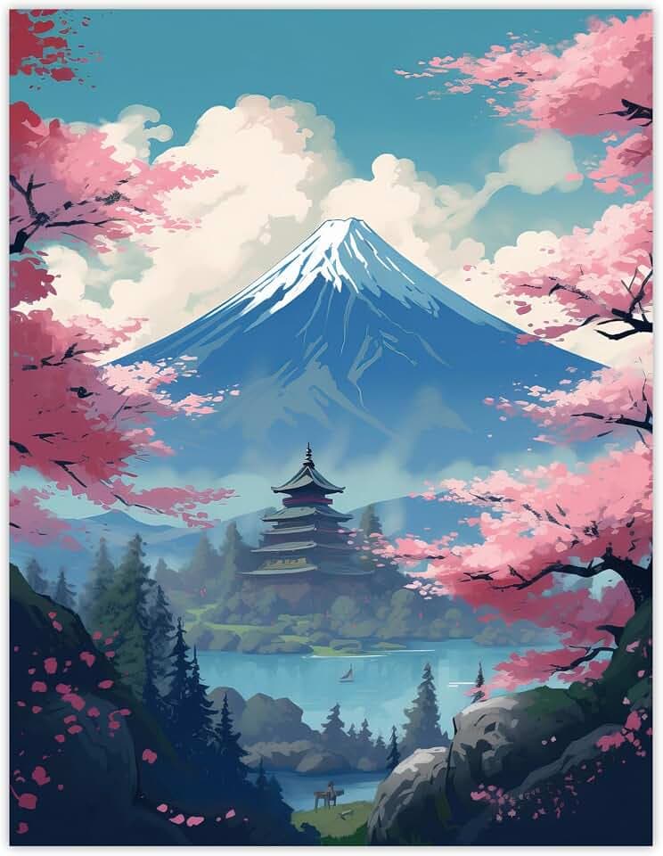 Artery8 Japanese Temple on Mount Fuji Lake Painting Green Blue Pink Cherry Blossom Trees Blooming in Tranquil Forest Landscape Unframed Wall Art Print Poster Home Decor Premium