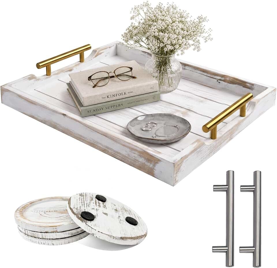 Wood Serving Trays with Metal Handles,Decorative Tray,Off-White