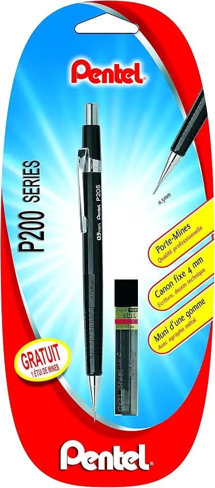 Pentel P205 Druckbleistift (P200 SERIES) + 1 gratis-mit 12 Minen, 0,5 mm HB, Schwarz