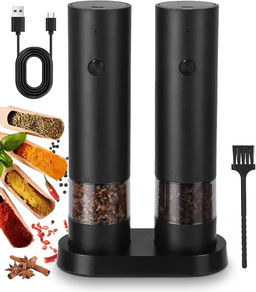 2er Set Salz und Pfeffer Mühle Elektrisch Salz und Pfeffermühlen Set Automatische Pfeffermühle, Einstellbarer Grobheit Gewürzmühle, mit Reinigungsbürste, Basis, für BBQ Restaurant Küche