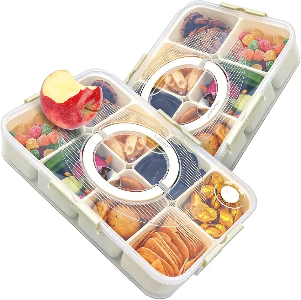 Snack Box Container, Dishwasher Safe Fruit Snack Containers, 2 Pack Divided Serving Tray with Lid for Veggie, Candy, Snackle Charcuterie Plastic Boxes for Kids, Adults Travel and Picnic