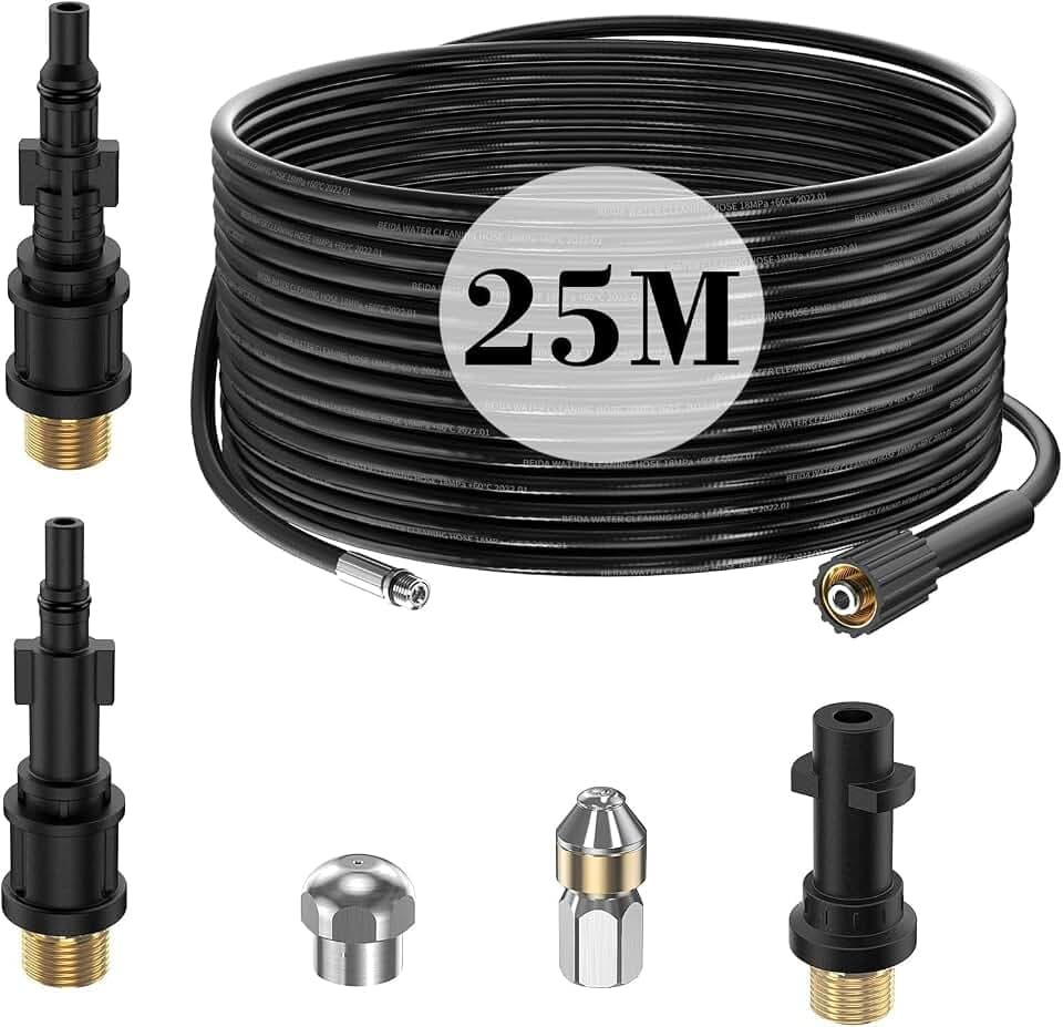 25M Rohrreinigungsschlauch für Kärcher K2 K3 K4 K5 K6 K7 HD HDS, 180Bar Rohrreinigungsset mit Düsen Starr + Rotierend, Adapter Kompatible für Hochdruckreiniger Lavor Parkside & Bosch Zubehör