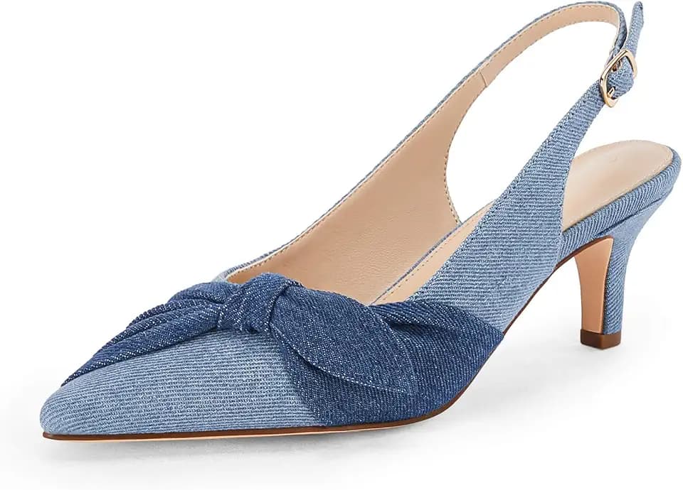 Coutgo Womens Bow Heels Slingback Pumps Low Kitten Heels Closed Pointed Toe Sandals Denim Dress Shoes