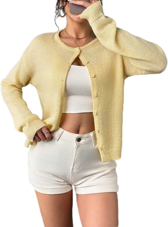 Women's Button Down Cardigan Sweater Y2k Long Sleeve Crew Neck Trendy Casual Knit Tops Yellow Medium