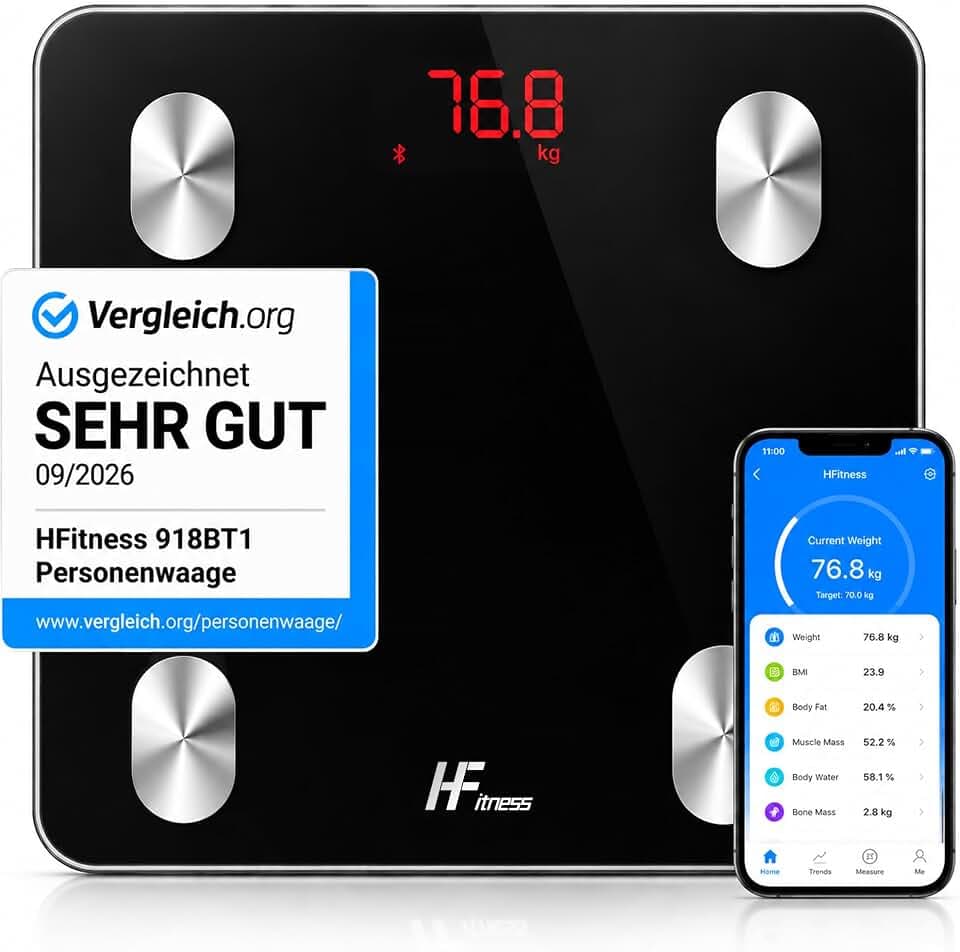 HFitness Personenwaage mit 19 Körperwerten, Bluetooth Körperfettwaage mit App, Digitale Körperanalysewaage für Gewicht, BMI, Muskelmasse und Knochenmasse Schwarz