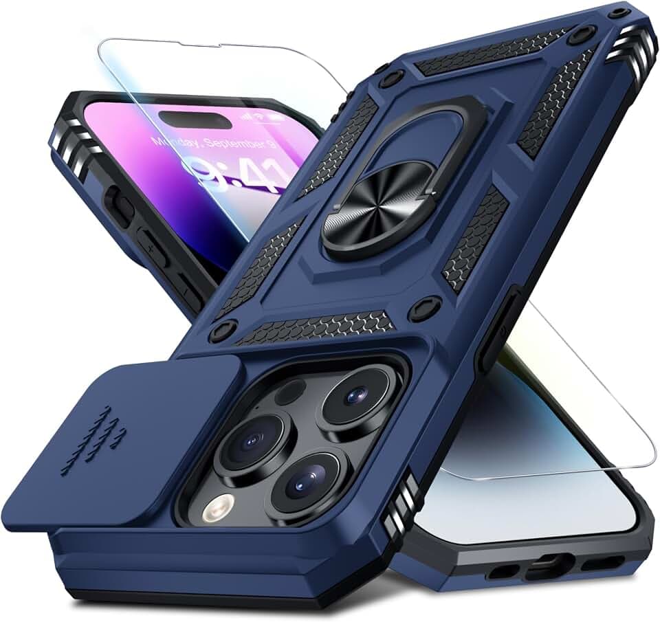 Janmitta for iPhone 14 Pro Phone Case Built in Slide Camera Lens Cover Blue