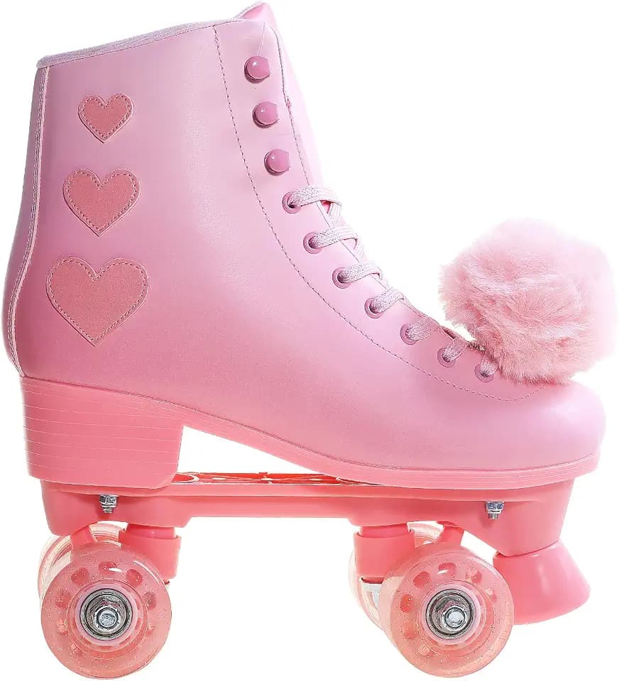 Roller Skates for Women, High Top PU Leather Rollerskates, Shiny Double-Row Four Pink Wheels Quad Skates for Girls and Age 8-50 Indoor Outdoor