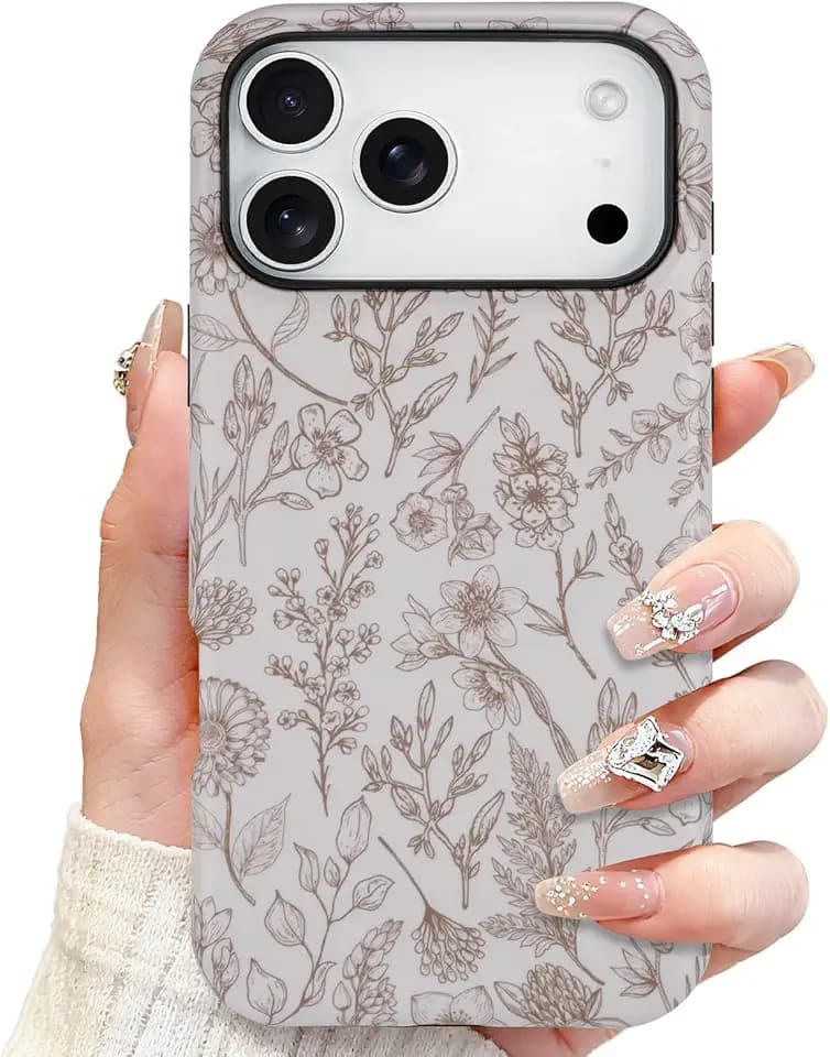SOKAD Magnetic Sage Floral Phone Case for iPhone 17 Pro, Beige Flower