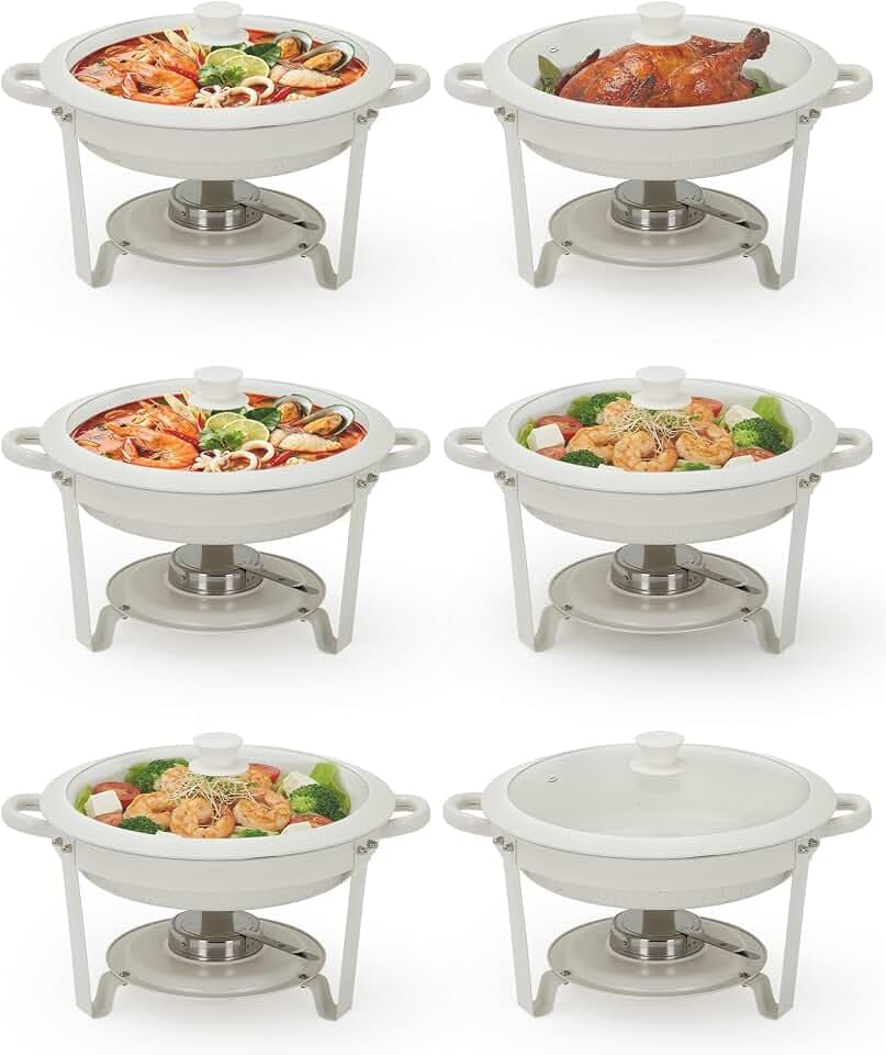 Maifanite-Coated Chafing Dishes for Buffet of 6, 5.3QT White Chafing Dish Buffet Set, Stainless Steel Chafer Set with Glass Lid, Food Warmers for Parties Butter for Wedding,Church Events,Birthday
