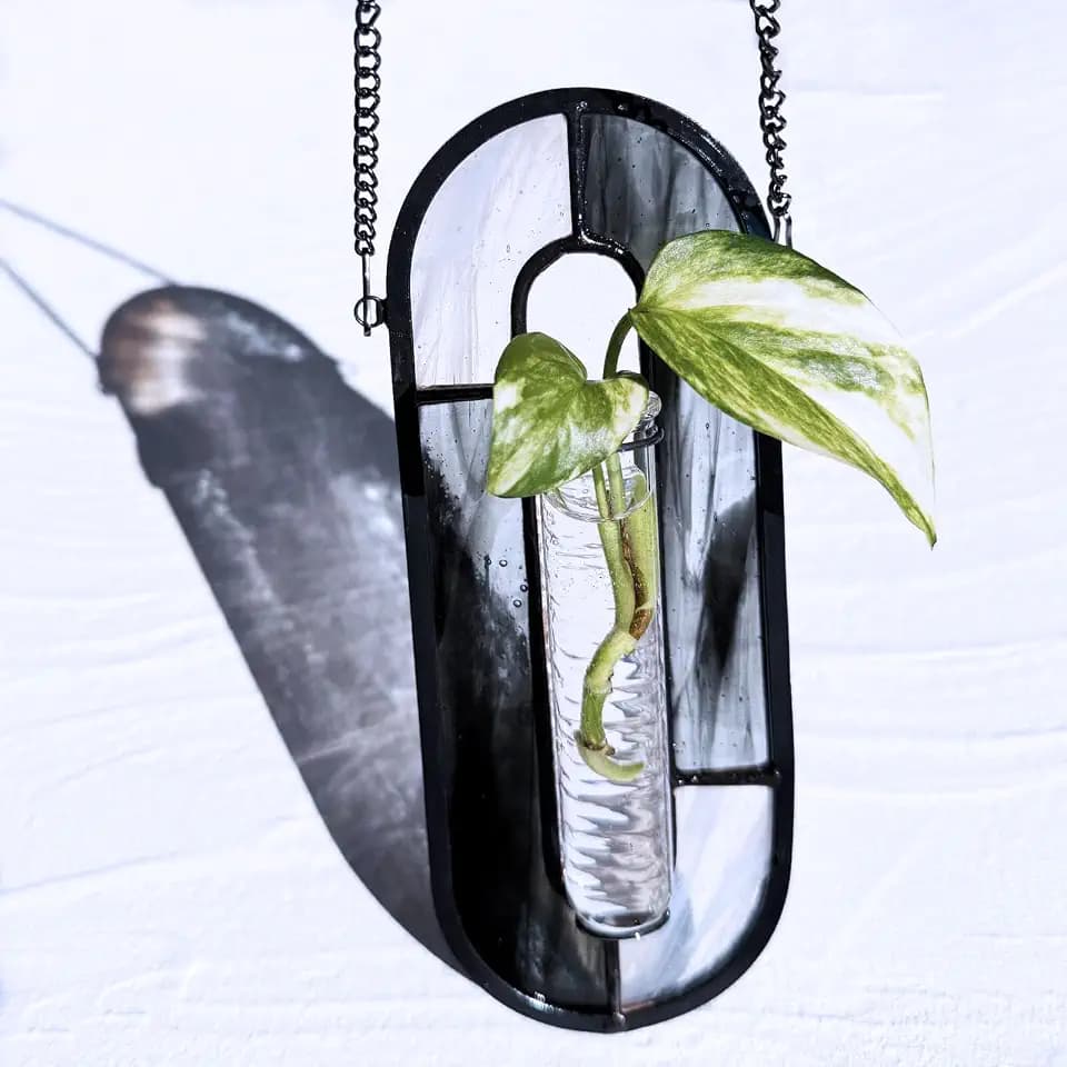 LITMIND Stained Glass Propagation Station - Handcrafted Translucent Suncatcher Planter with 2 Tubes, Hanging Hydroponic Décor for Windows & Garden