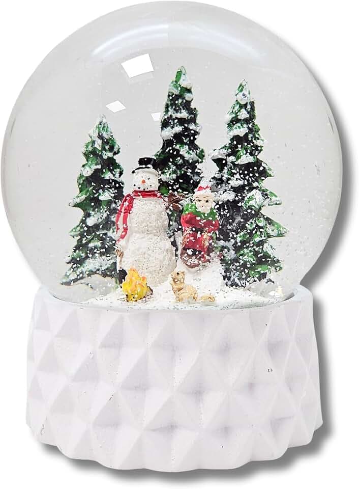 Schneekugel Winter Schneemann mit Kind auf Schlitten|Sockel weiß Kubisch, Pure-Line| Durchmesser 100mm Schüttelkugel| 20169