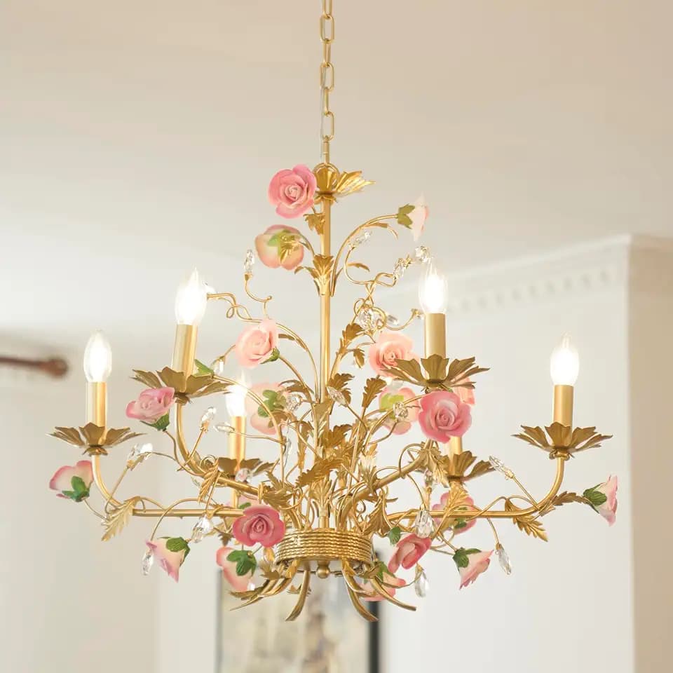 Farmhouse Dining Room Over Table Chandelier, Hanging Light Fixture Pink Bedroom, Art Deco Unique Rustic Tree Lamps Leaves Lighting Fixtures, Foyer Living Room kitchen Ceiling Crystal Pendant Lights