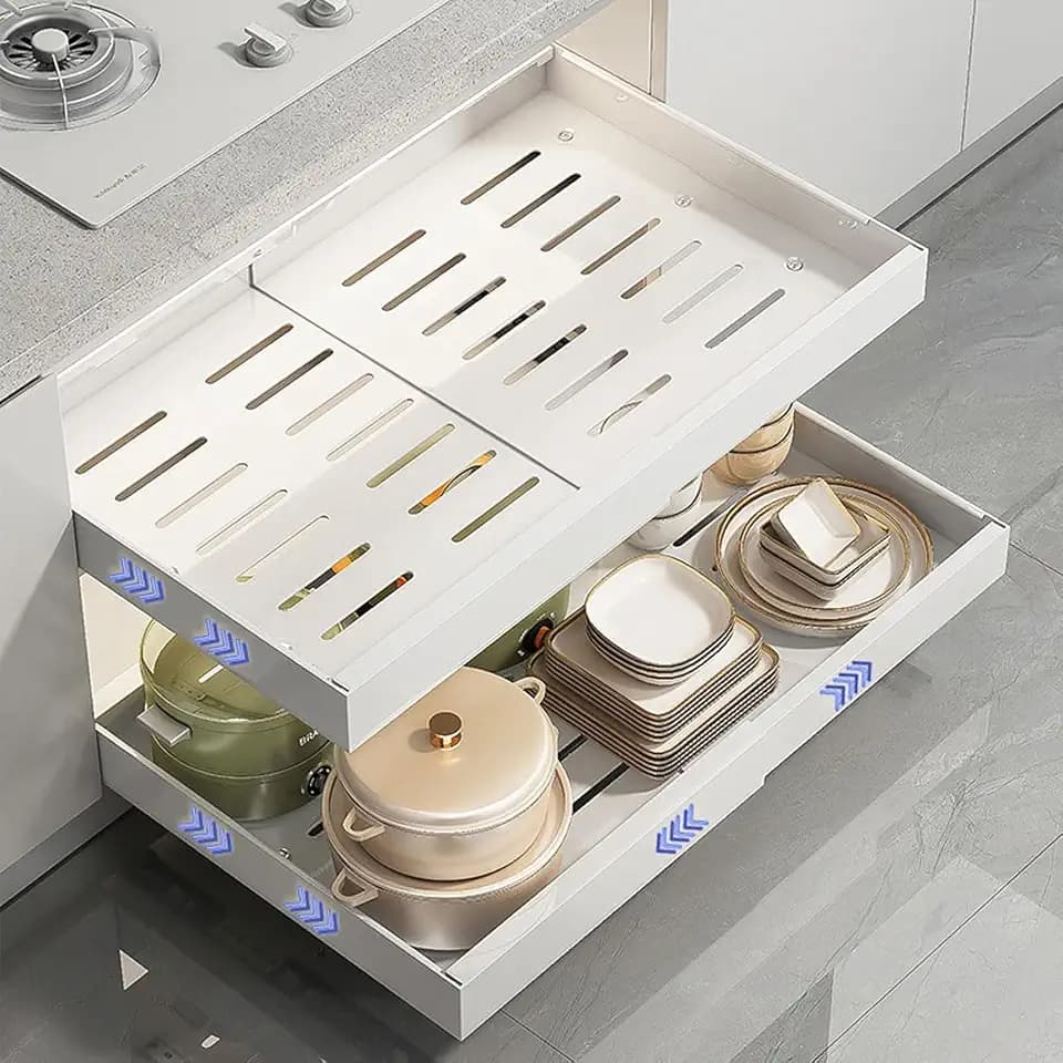 2-Stück Teleskopschublade Ausziehbar Schublade: 42cm Küchenschrank Schubladenauszug Slide Out Schrank mit Kleber Organizer Ordnung ohne Bohren für Hausfrauen Küchenhilfe Breite 32-52cm