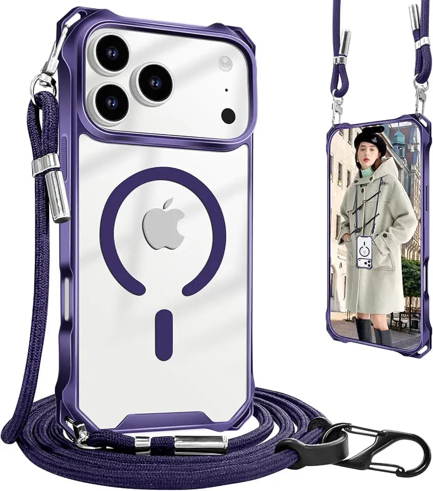 UnnFiko for iPhone 17 Pro Case Purple, Compatible with Magsafe, Crossbody Phone Case with Shoulder Strap, Shockproof Drop Protection, Magnetic Phone Case for iPhone 17 Pro (Purple)