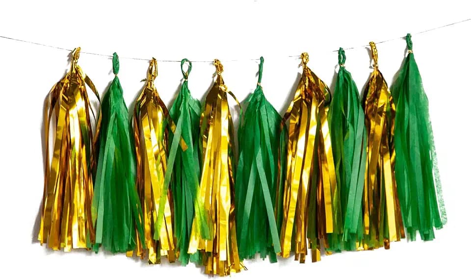 Green and Gold Tassel Garland Paper Tissue Tassels Garland for Party Decorations, Pack of 20