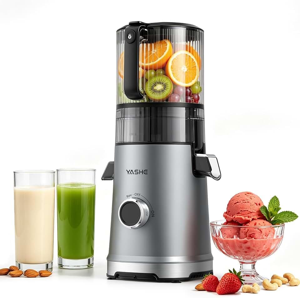 YASHE Entsafter, 600W Slow Juicer mit 150mm Extra Großem Einfüllschacht aus Edelstahl, Saftpresse für ganze Früchte & Gemüse, Sorbet & Nussmilch, Hohe Saftausbeute, Leicht zu reinigen