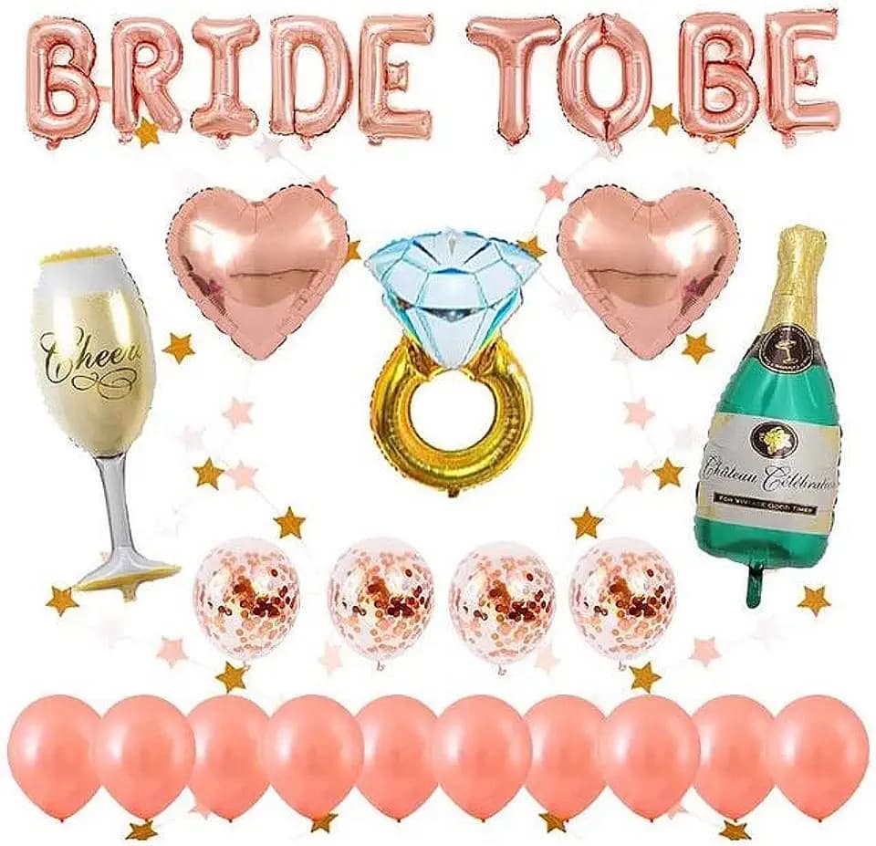 Rose Gold Junggesellinnenabschied Dekoration Luftballons Set, 1 Stück BRIDE TO BE Brief, 14 Stück Latex Luftballons, 5 Stück Folien ballons unterschiedlicher Form, 2 Meter Sternform hängende Girlande