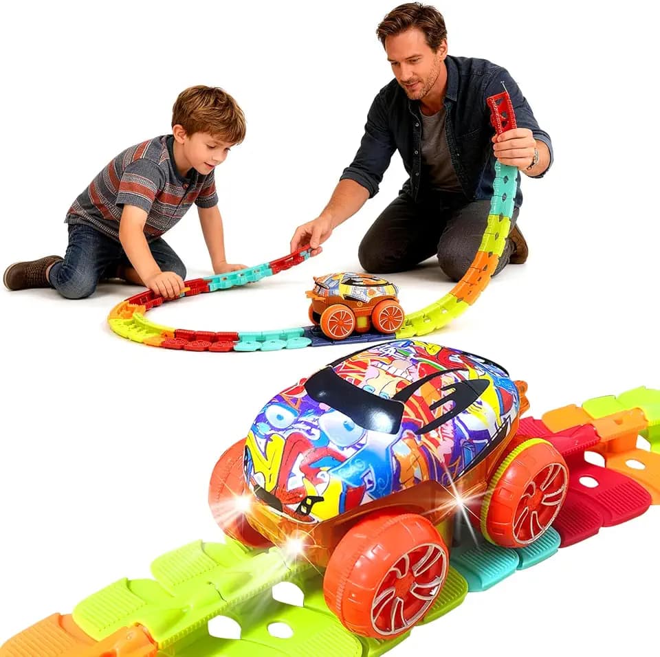 Autorennbahn Rennbahn Kinder, 48 Stück Flexible Rennbahn mit Leuchtendes Auto Spielzeug Autorennbahn Kinder Spielzeug DIY Rennstrecke Set mit Saugnäpfen Geschenk Junge Mädchen 3 4 5 6 Jahre