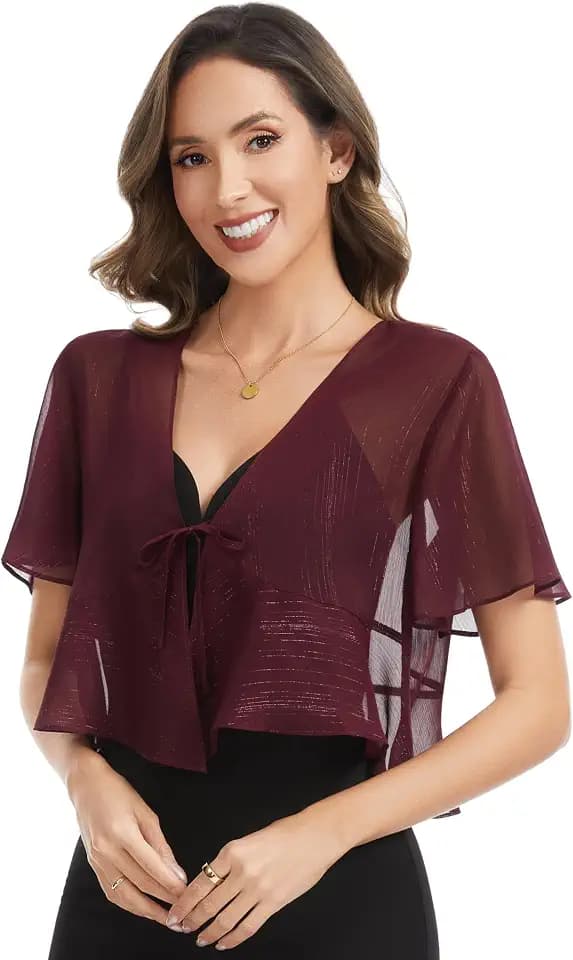 Women Shiny Chiffon Shrug Tie Front Tops for Dress Sheer Short Sleeve Bolero Cardigan