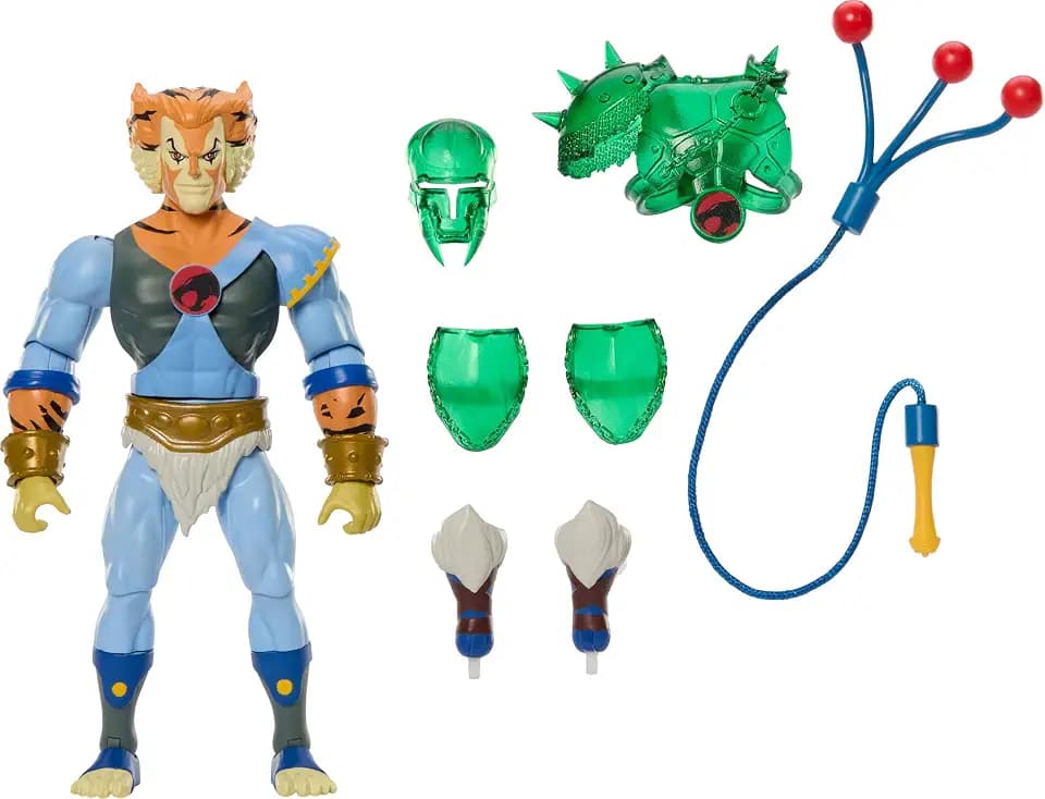 Masters of The Universe Origins & Thundercats ca. 14 cm große, bewegliche Actionfigur Tygra, 1980er Crossover-Spielzeug, abnehmbare Rüstung, Bolo-Zubehör und Mini-Comic, JFW96