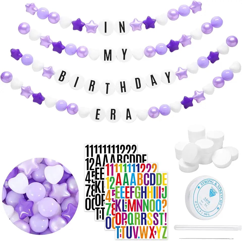 DIY Giant Friendship Bracelet Birthday Garland Kit with Letters Ball Customizable Banner for Christmas Wedding Kpop New Year Party Decorations Ball Plastic Balls Stars DIY Supplies(Purple)