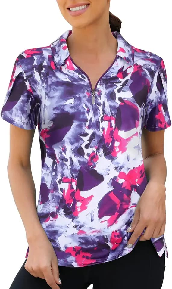 Viracy Womens Golf Polo Shirts 1/4 Zip Up Overlap Short Sleeve Quick Dry Workout Tops