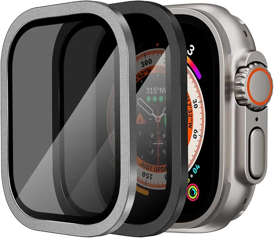 [2 Pack] New Upgrade, Suitable for Apple Watch Ultra 49mm Privacy Screen Protective Cover, Tempered Glass and Titanium Alloy Framework