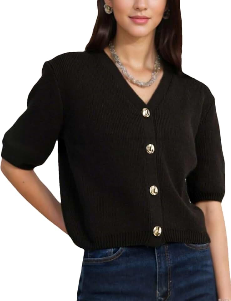 Womens Short Sleeve Cardigans Casual Button Down V Neck Sweater Trendy Cropped Knit Tops