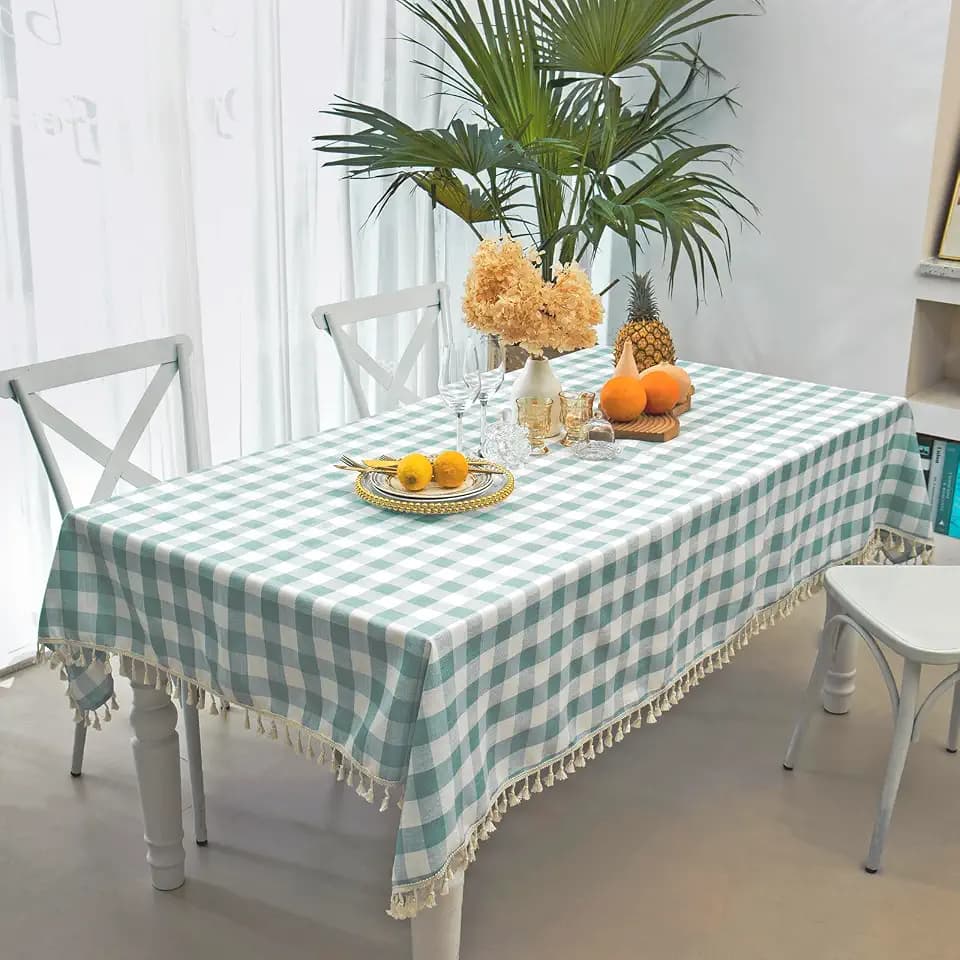 Midsummer Breeze Coastal Aqua Checkered Tablecloth Square 55”x55”