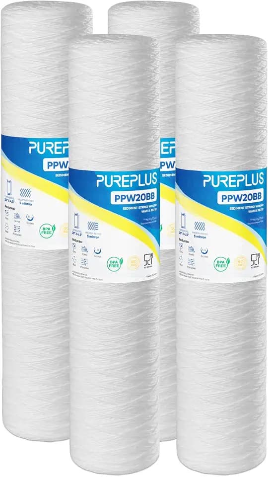 PUREPLUS 5 Micron 20"x4.5" Whole House String Wound Sediment Filter 4 Pack
