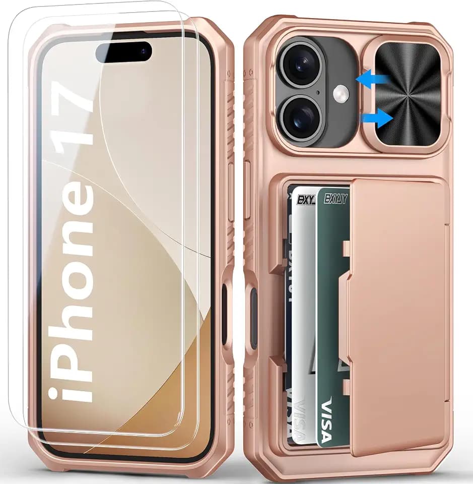 BXYJY for iPhone 17 Case Wallet with Screen Protector (Tempered Glass), Slide Camera Cover, Card Holder (4-5 Cards), Military Grade Heavy Duty Men Women Wallet Phone Case for iPhone 17, Rose Gold