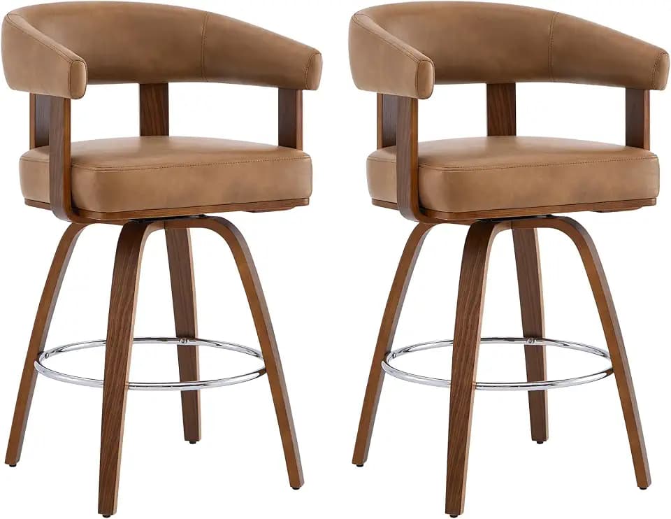 CHITA Swivel Counter Height Barstools Set of 2, FSC Certified Faux Leather Upholstered Bar Stools with Back and Armrest for Kitchen Island Home Bar, 27" Seat Height, Camel with Walnut Frame
