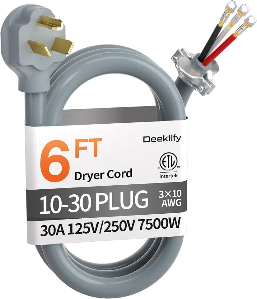 6FT 3 Prong Dryer Cord, Pure Copper, NEMA 10-30P Plug, ETL Listed