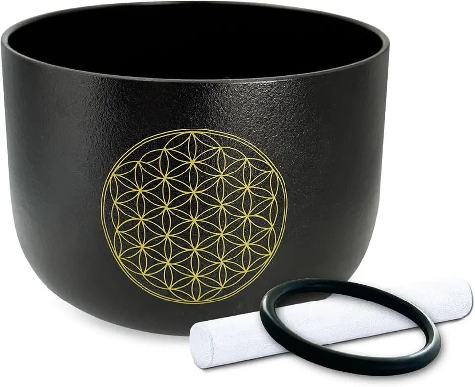 10 inch D Note Black Life of Flower Crystal Singing Bowl Navel Chakra Meditation Sound Healing with Suede Striker O-ring